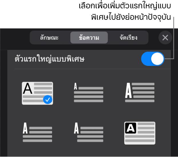 ตัวควบคุมตัวแรกใหญ่แบบพิเศษที่อยู่ด้านล่างสุดของเมนูข้อความ