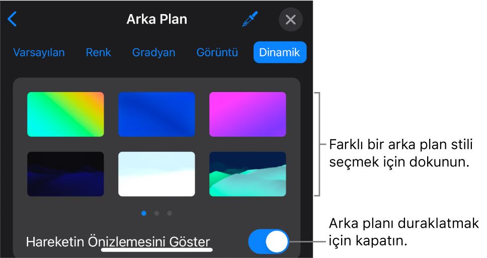 Arka plan stili küçük resimleri ve Hareketin Önizlemesini Göster düğmesi görüntülenen dinamik arka plan denetimleri.