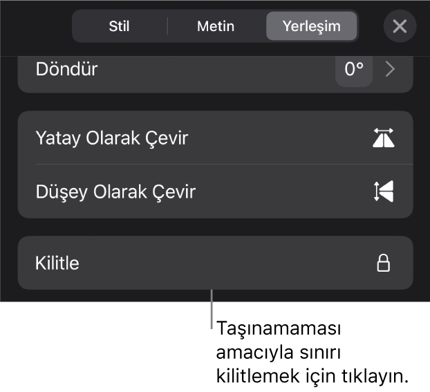 Kilitle düğmesi belirtilmiş olarak Biçim menüsündeki Yerleştir denetimleri.