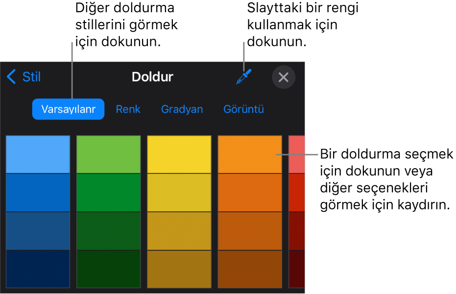 Stil sekmesinde Doldurma seçenekleri.