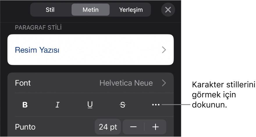 En üstteki paragraf stilleri ile Biçim denetimleri, ardından Font denetimleri. Font’un altında Kalın, İtalik, Altı Çizgili, Üstü Çizgili ve Daha Fazla Metin Seçeneği düğmeleri bulunur.
