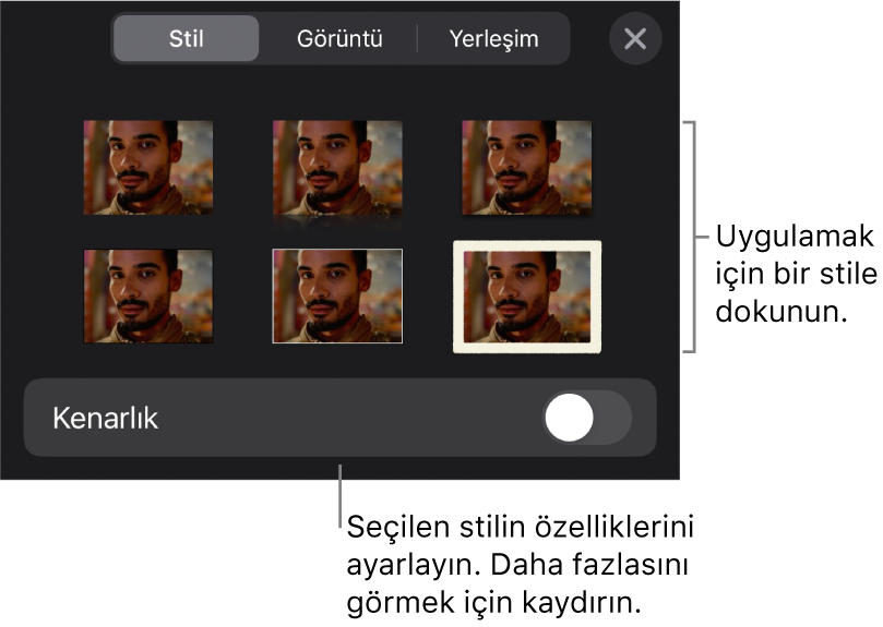 En üstte nesne stilleri ve onların altında sınır değiştirme denetimiyle Biçim menüsünün Stil sekmesi.