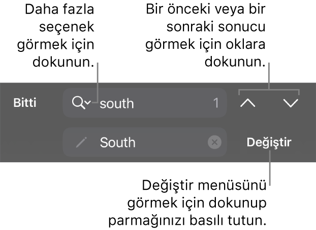 Arama Seçenekleri, Değiştir, Yukarı Git ve Aşağı Git düğmelerine belirtme çizgileriyle klavyenin üst tarafındaki Bul ve Değiştir denetimleri.