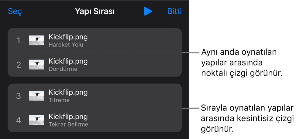 Yapı Sırası menüsü, eşzamanlı oynatılan yapılar arasında görünen noktalı bir çizgi ve tek tek oynatılan yapılar arasında düz bir çizgi ile.