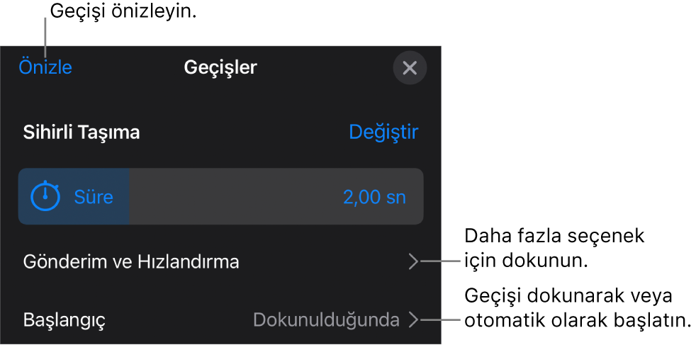 Geçişler bölümündeki Sihirli Taşıma denetimleri.