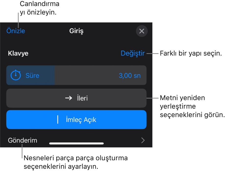 Yapı seçenekleri Süre, Metin Canlandırma ve Gönderim’i içerir. Farklı bir yapı seçmek için Değiştir’e, yapıyı önizleme için Önizleme’ye dokunun.