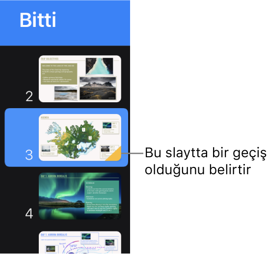 Slayttaki sarı üçgen, slaytta bir geçiş olduğunu belirtir.