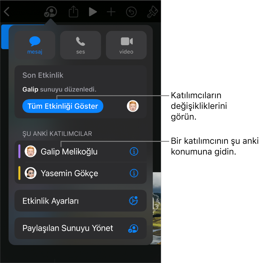 Ortak çalışma menüsünde güncel katılımcılar listeleniyor.
