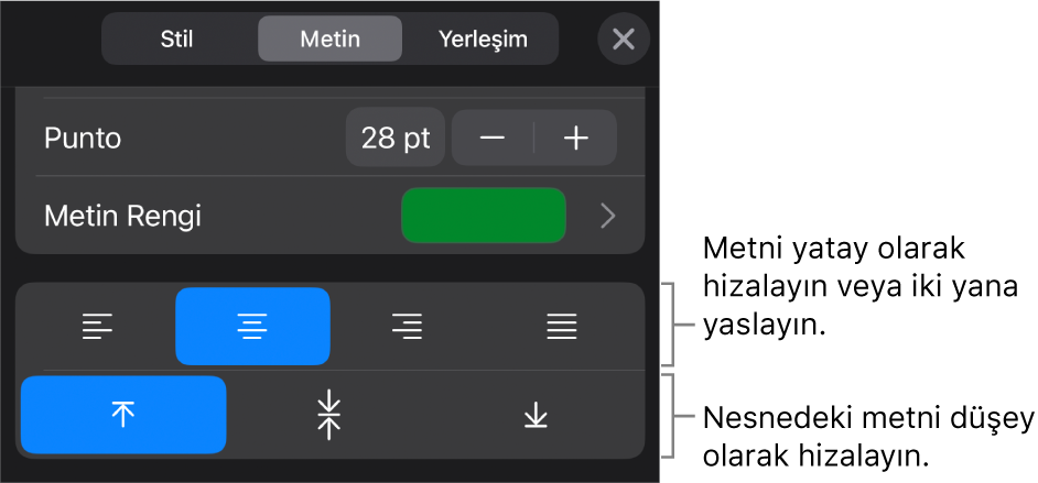 Metin hizalama düğmelerine belirtimler gösteren Biçim düğmesinin Hizalama bölümü.