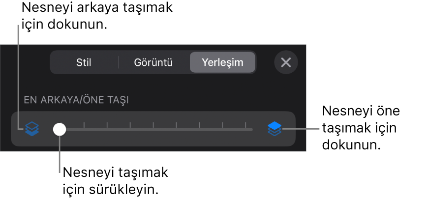 Geri Taşıma düğmesi, İleri Taşıma düğmesi ve katmanlama sürgüsü.