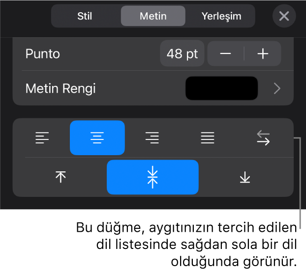 Sağdan Sola düğmesini gösteren bir belirtme çizgisi ile Biçim menüsündeki metin denetimleri.
