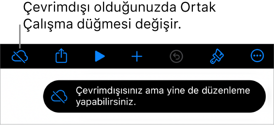 Ekranın en üstündeki düğmeler; Ortak Çalışma düğmesi, üzerinde çapraz bir çizgi olan bir buluta değişmiş. Ekrandaki bir uyarı “Çevrimdışısınız ama yine de düzenleyebilirsiniz” der.