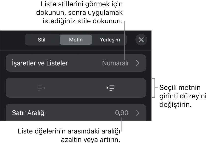 Madde İşaretleri ve Listeler, çıkıntı ve girinti düğmeleri ve de satır aralığı denetimlerini gösteren belirtme çizgileri ile Biçim denetimlerinin Madde İşaretleri ve Listeler bölümü.
