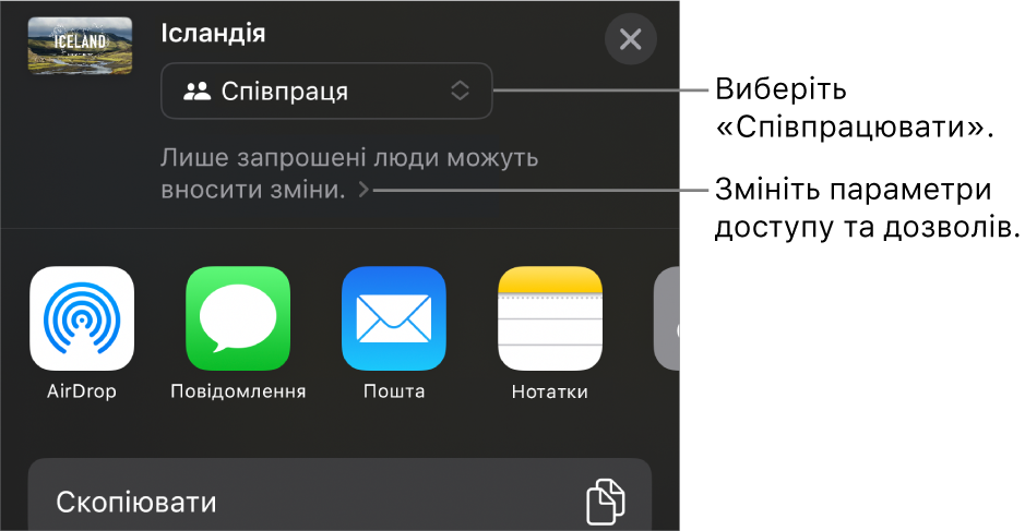 Меню «Поширити» з вибраним угорі елементом «Співпраця», а також параметрами доступу й дозволів унизу.