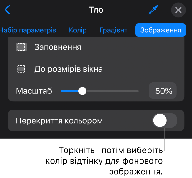Елементи керування тлом: тлом слайда вибрано зображення, а внизу показано елемент «Перекриття кольором».