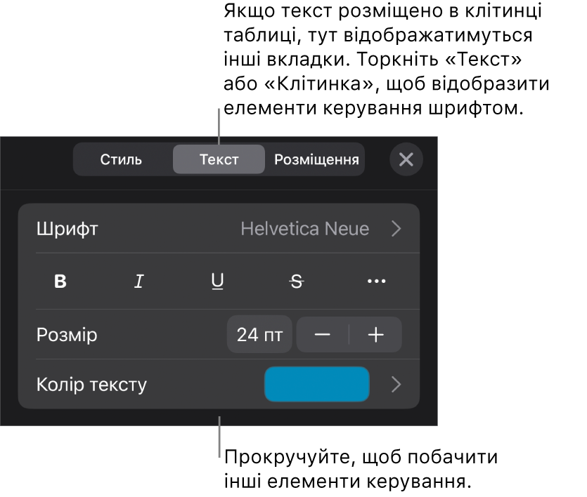 Елементи керування текстом у меню «Формат» для настроювання стилів абзацу й символів, шрифту, розміру та кольору.
