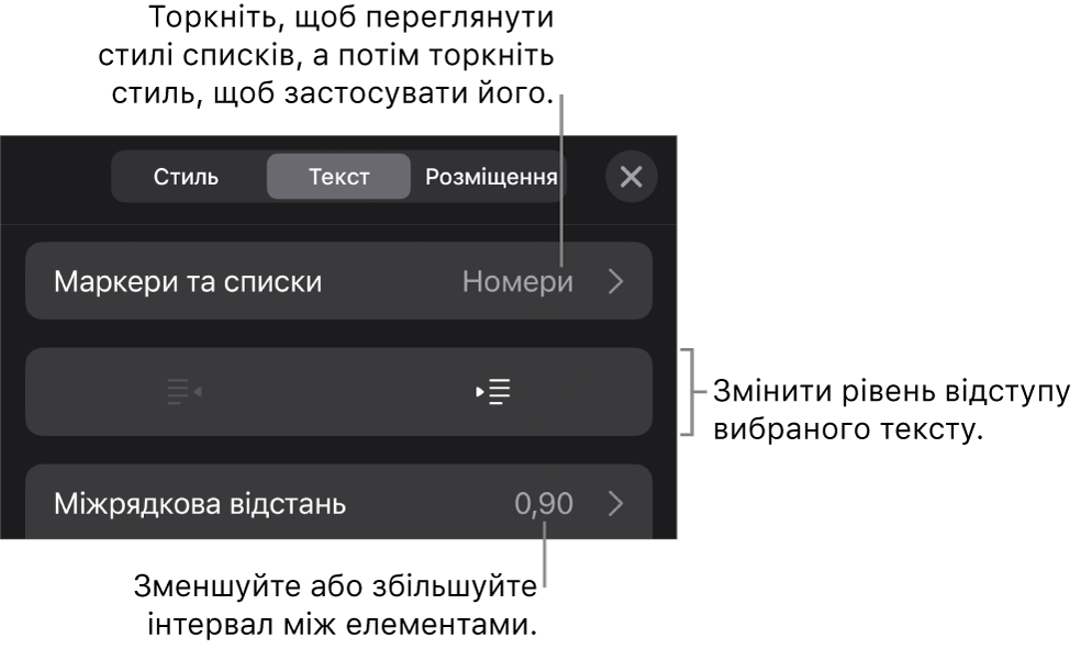 Розділ «Маркери і списки» елементів керування «Формат» з виносками на «Маркери і списки», кнопки виступів і відступів та елементи керування інтервалами.