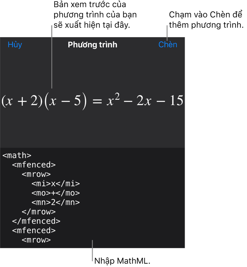 Hộp thoại Phương trình, đang hiển thị phương trình được viết bằng các lệnh MathML và bản xem trước của công thức ở bên trên.