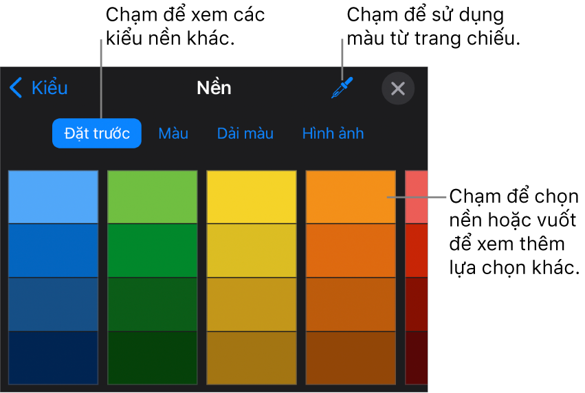 Các tùy chọn nền trong tab Kiểu.