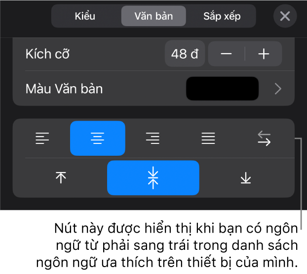 Các điều khiển văn bản trong menu Định dạng với chú thích tới nút Phải sang trái.