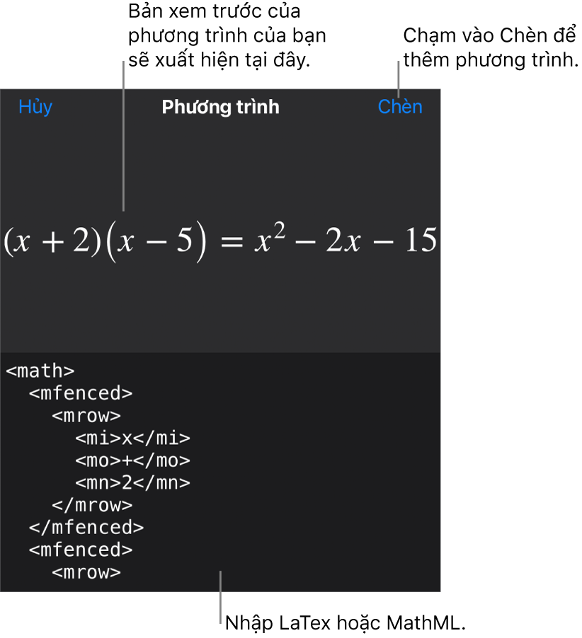 Hộp thoại Phương trình, đang hiển thị phương trình được viết bằng các lệnh MathML và bản xem trước của công thức ở bên trên.