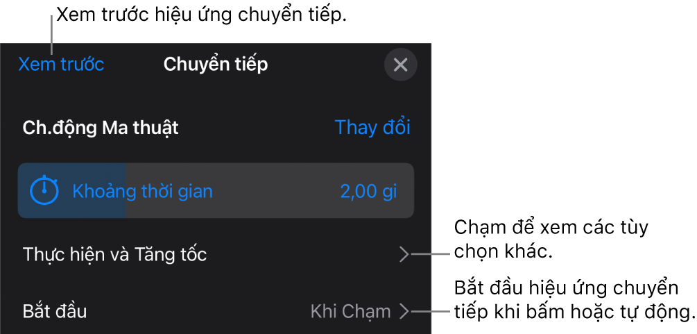 Các điều khiển Chuyển động ma thuật trong khung Chuyển tiếp.