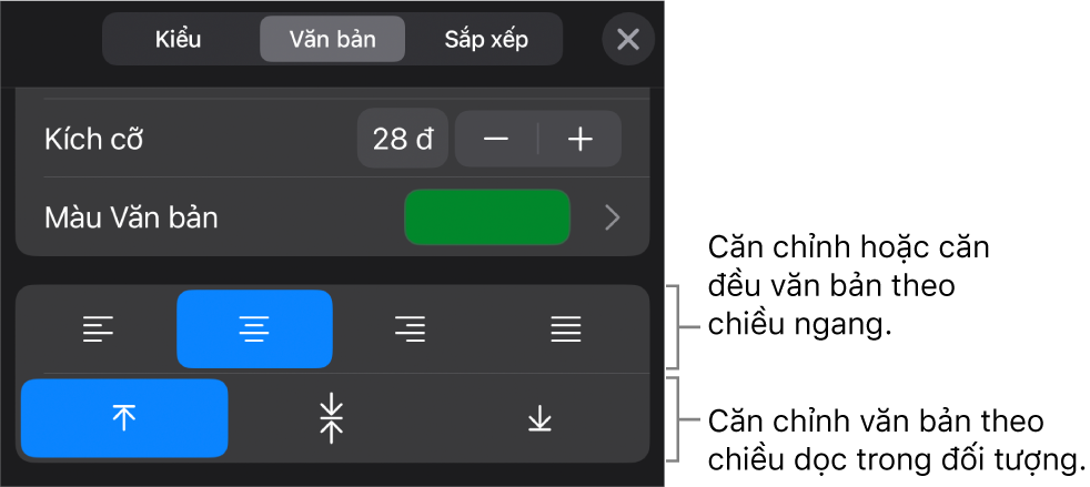 Phần Căn chỉnh của nút Định dạng với các lời nhắc đến các nút căn chỉnh văn bản.