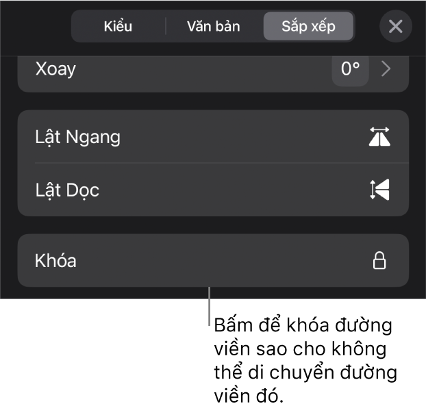 Các điều khiển Sắp xếp trong menu Định dạng với nút Khóa được gọi ra.