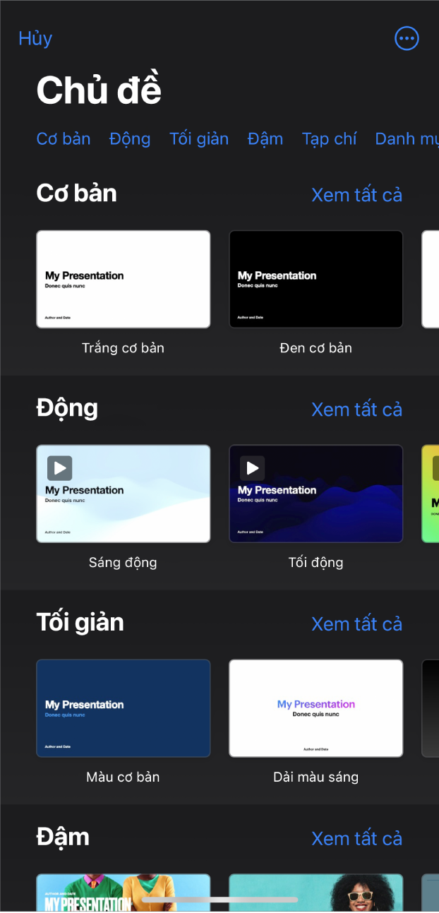 Bộ chọn chủ đề, đang hiển thị một hàng các danh mục dọc trên cùng mà bạn có thể chạm để lọc các tùy chọn. Bên dưới là các hình thu nhỏ của các mẫu được thiết kế sẵn được sắp xếp trong các hàng theo danh mục.