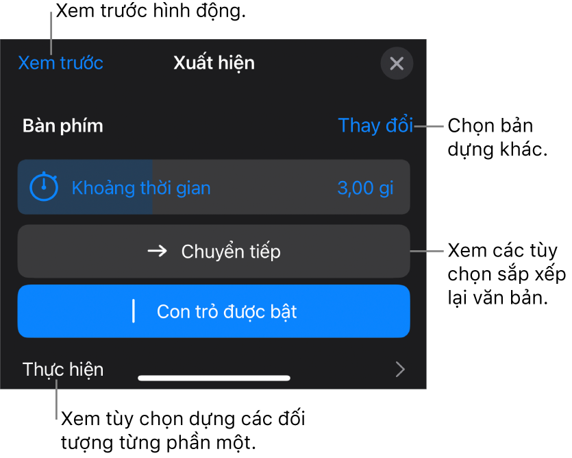 Các tùy chọn bản dựng bao gồm Thời lượng, Hình động văn bản và Thực hiện. Chạm vào Thay đổi để chọn bản dựng khác hoặc chạm vào Xem trước để xem trước bản dựng.
