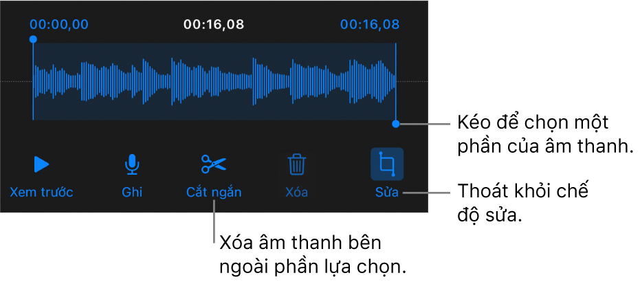 Các điều khiển để sửa âm thanh đã ghi. Các bộ điều khiển cho biết phần được chọn của bản ghi âm và các nút để Xem trước, Ghi, Cắt ngắn, Xóa và Chế độ sửa ở bên dưới.
