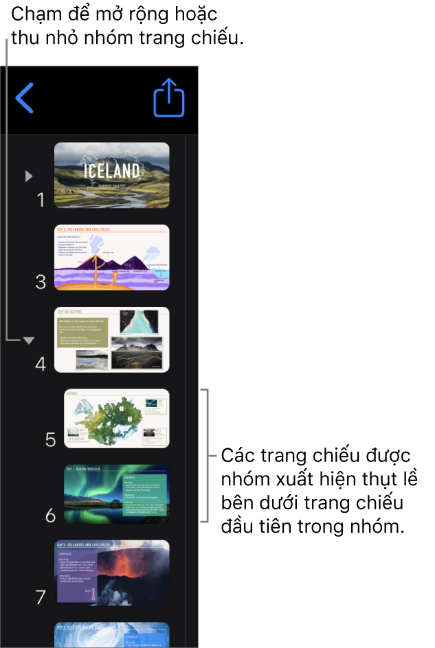 Trình điều hướng trang chiếu đang hiển thị các trang chiếu được thụt lề.
