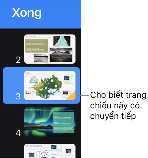 Tam giác màu vàng trên trang chiếu biểu thị rằng trang chiếu được áp dụng hiệu ứng chuyển tiếp.