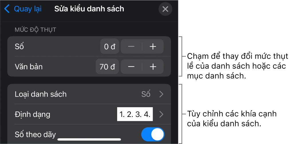 Menu Sửa kiểu danh sách với các điều khiển để sửa loại và giao diện của danh sách.