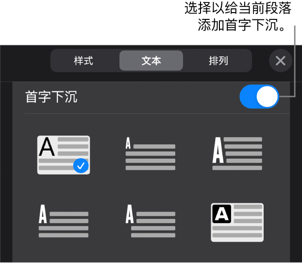 “首字下沉”控制位于“文本”菜单底部。