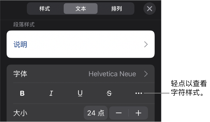 “格式”控制，顶部是段落样式，然后是“字体”控制。“字体”下方是“粗体”、“斜体”、“下划线”、“删除线”和“更多文本选项”按钮。