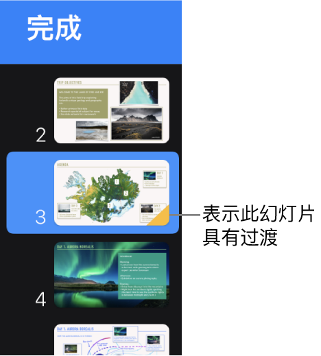 幻灯片上的黄色三角形表示幻灯片具有过渡。