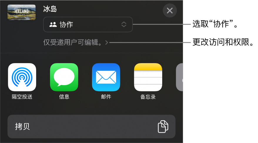 “共享”菜单，顶部已选中“协作”，下方是访问和权限设置。