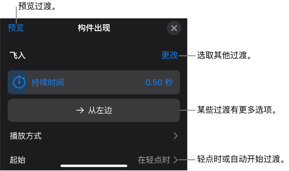 “选项”面板中用于修改过渡的控制。