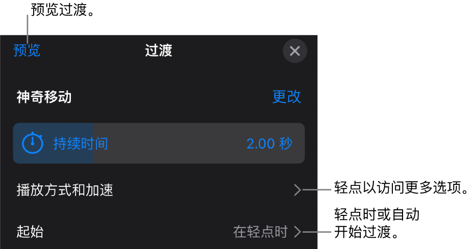 “过渡”面板中的“神奇移动”控制。