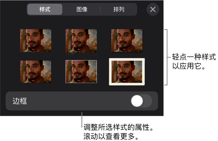 “格式”菜单中的“样式”标签，顶部为对象样式，样式下方为更改边框的控制。