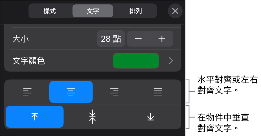 「格式」按鈕的「對齊方式」部份，説明文字指向文字對齊方式按鈕。