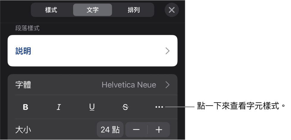 具備段落樣式的「格式」控制項目在最上方，然後是「字體」控制項目。「字體」下方為「粗體」、「斜體」、「底線」、「刪除線」和「更多文字選項」按鈕。