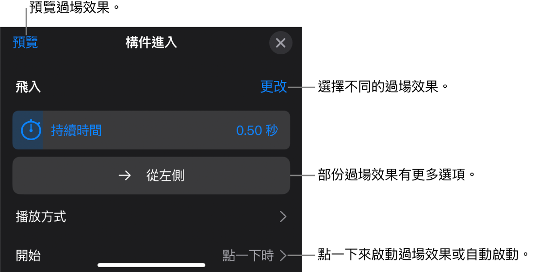 「選項」面板中用於修改過場效果的控制項目。