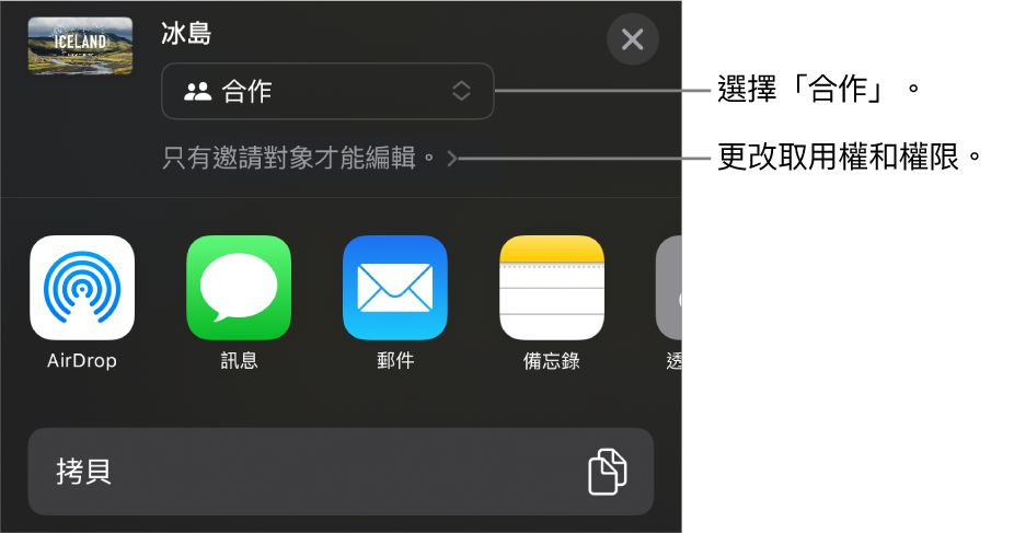 「分享」選單的最上方已選取「合作」，其下方為取用和權限設定。
