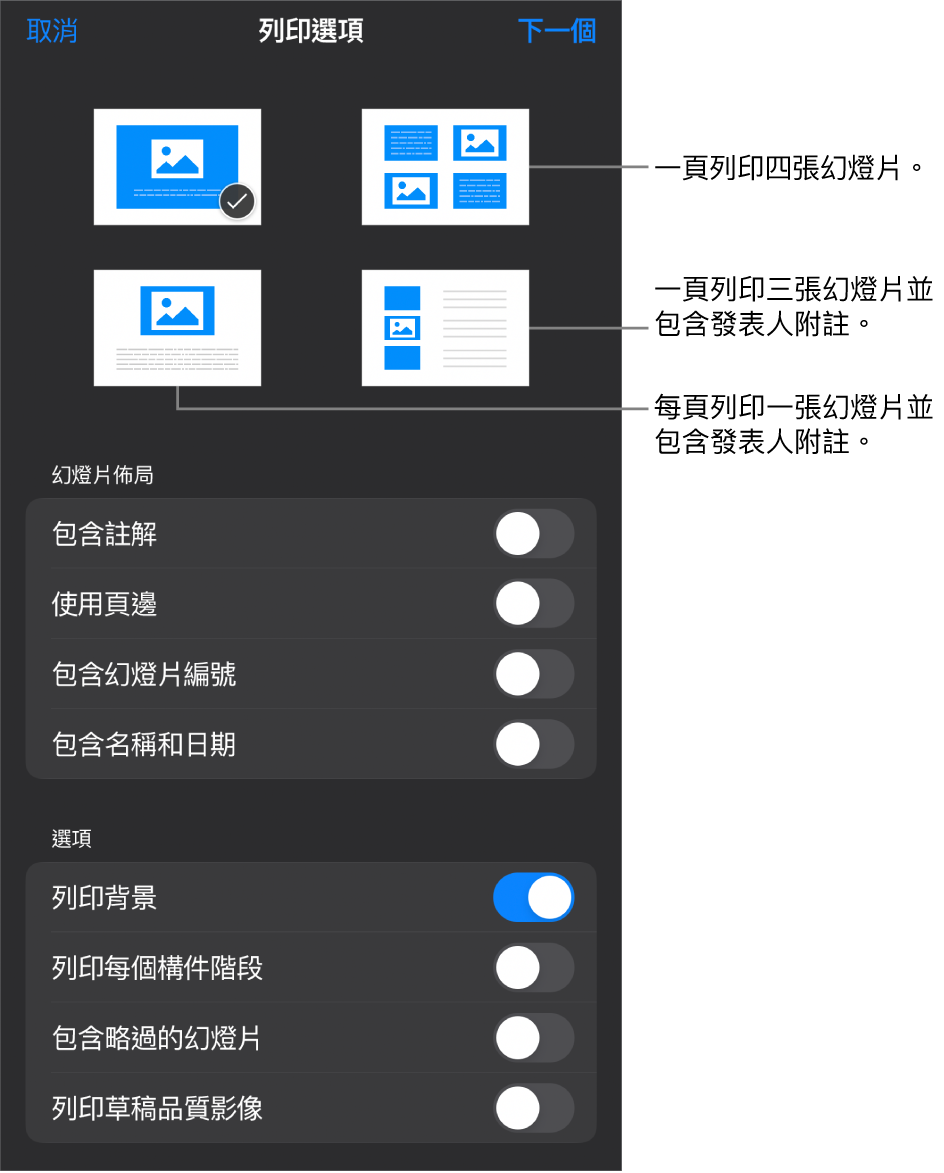 列印佈局選項。
