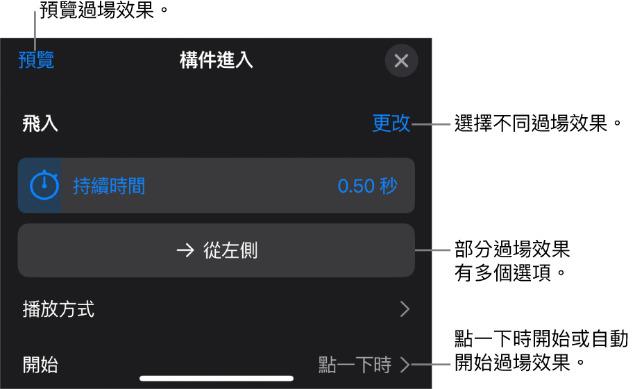 「選項」面板中用於修改過場效果的控制項目。