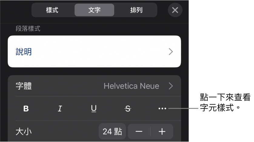 帶有段落樣式的「格式」控制項目位於最上方，然後是「字體」控制項目。「字體」下方為「粗體」、「斜體」、「底線」、「刪除線」和「更多文字選項」按鈕。