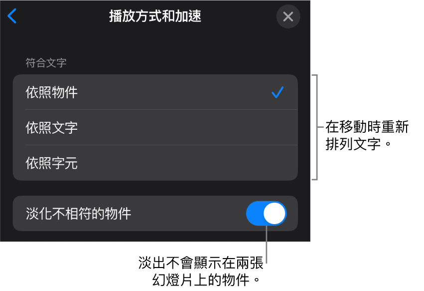 「加速」面板中的「瞬間移動」播放方式和加速選項。