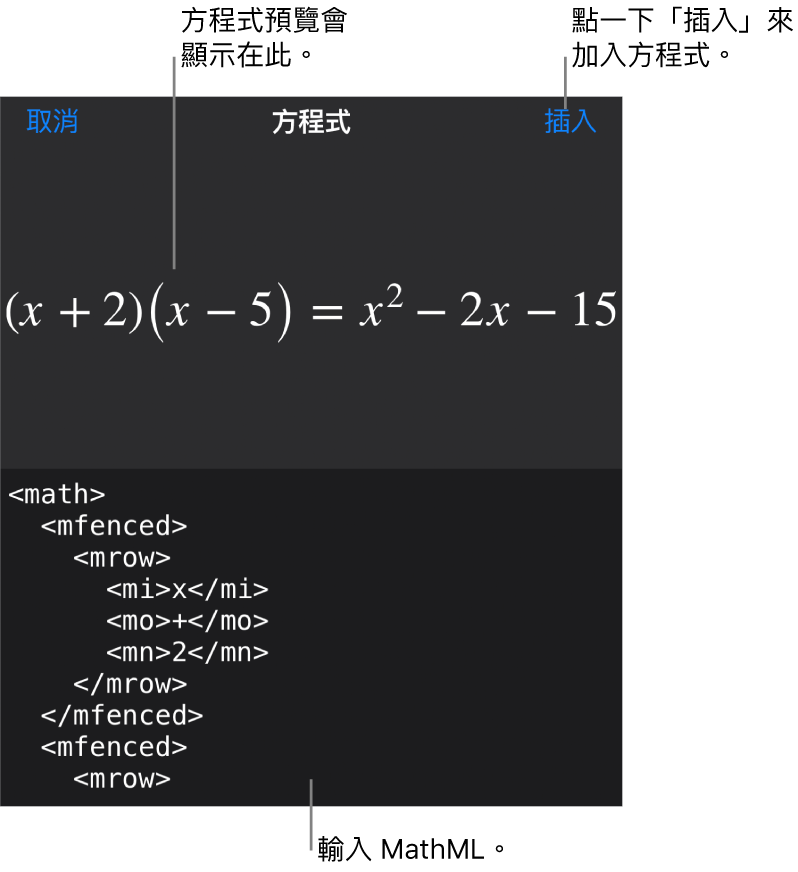 「方程式」對話框，顯示使用 MathML 指令寫入的方程式，上方是公式的預覽。